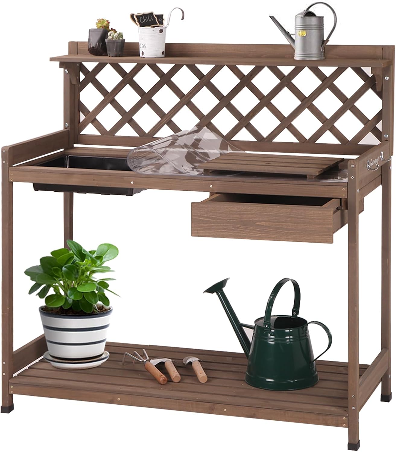 Aivituvin Potting Bench Outdoor with PVC Layer Wooden Planting Table with Sink & Lid Gardening Work Bench with Drawer, Shelf, Hook