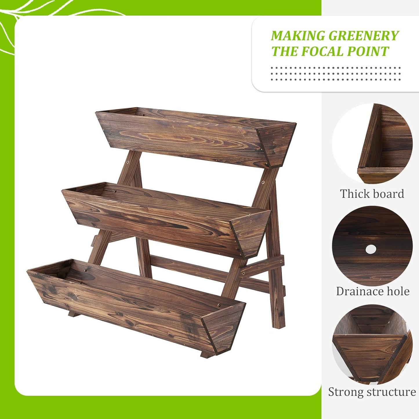 3-Tiers Wooden Raised Garden Bed Tiered Planter Box Vertical Garden Planter Wood Plant Stand for Patio, Balcony, Freestanding (Carbonized L)