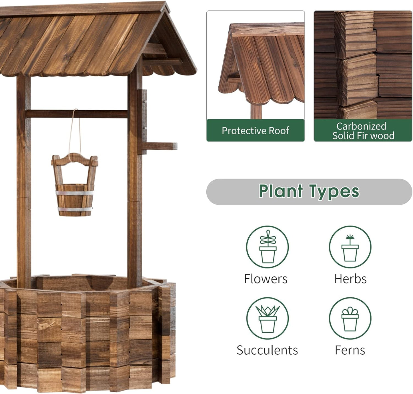 Wooden Wishing Well Planter for Outdoors with Hanging Bucket, Rustic Flower Planter Patio Garden Decorative, Brown