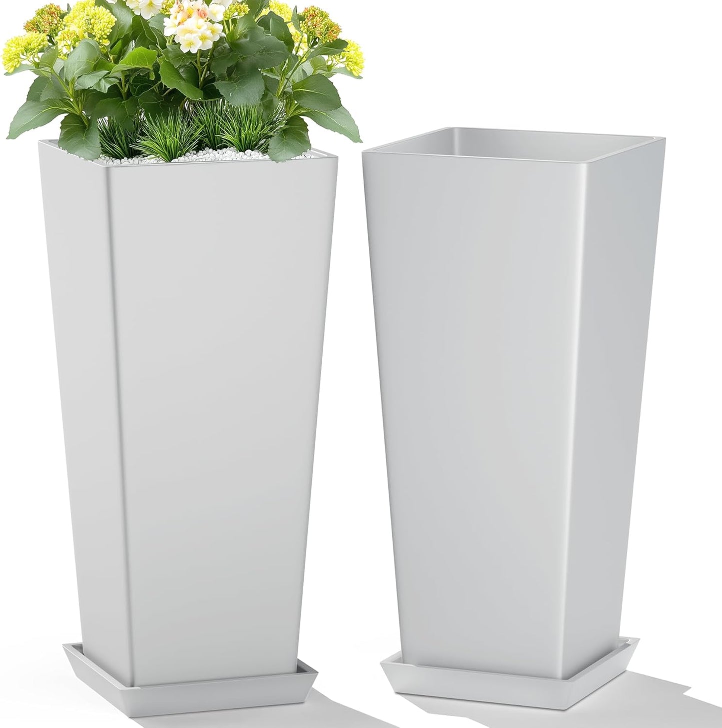 Set of 2 Tall Planters, 24" Large Indoor Outdoor Flower Pots with Tray, Modern Tapered Planters for Porch, Patio, Garden, Backyard(White)