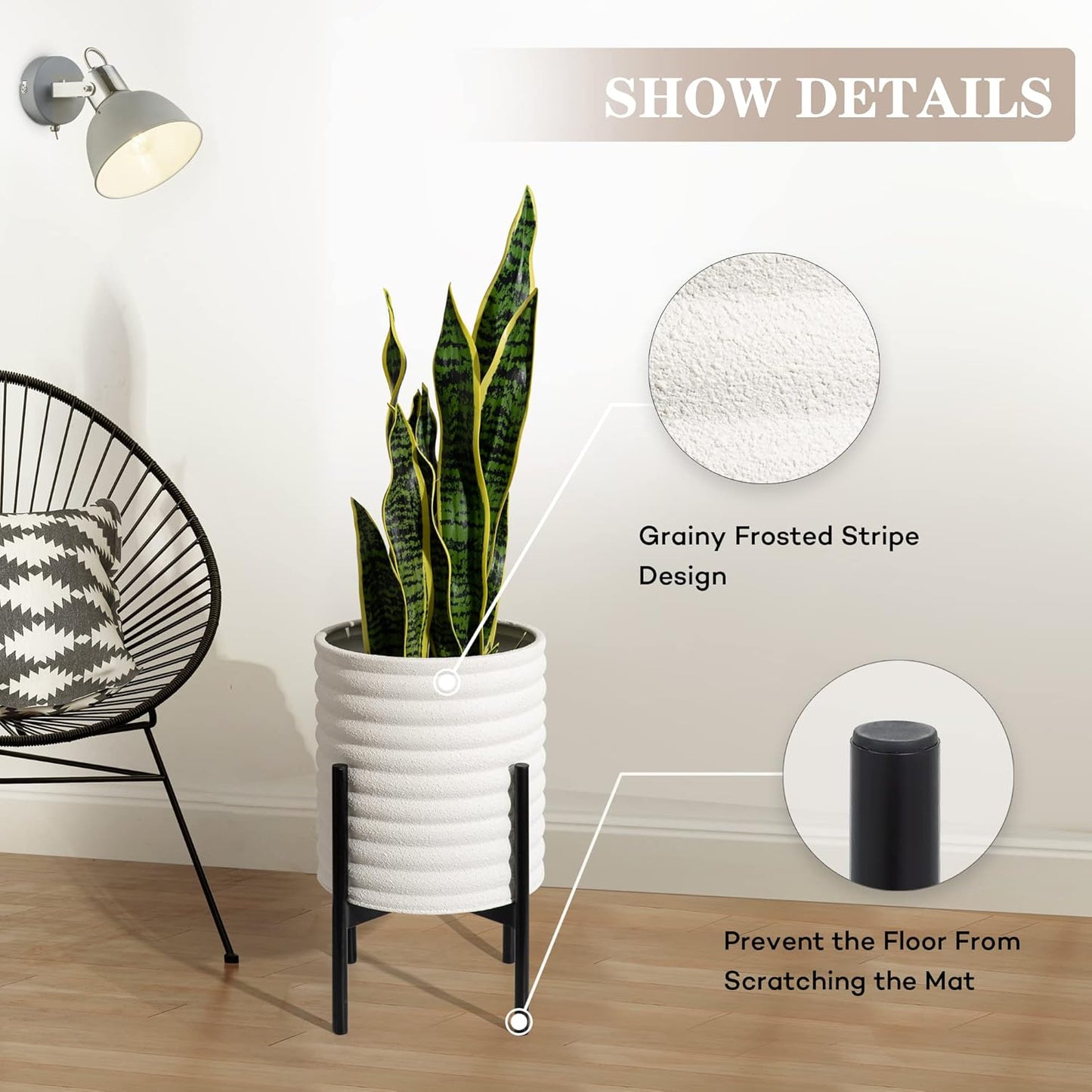 Oakrain Plants Pots with Stand, Set of 2 Indoor Planter Pots, Mid-Century Decorative Metal Flower Pots with Drainage for Living Room, Office, Garden, Balcony, 8"&10", White