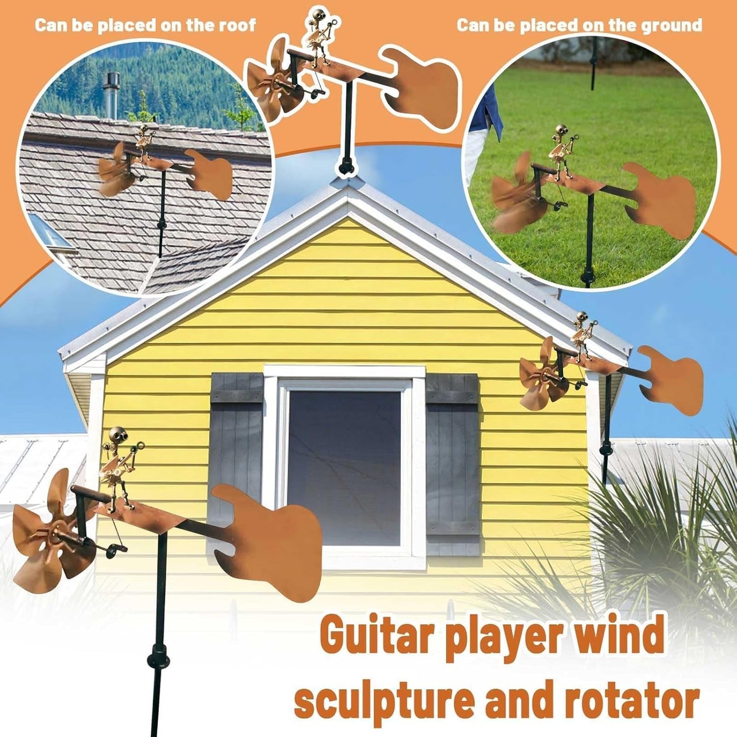 Guitarist Wind Sculptures & Spinners, Kinetic Sculpture Windmills, Metal Art Musician Figurine Wind Mill for Garden Yard Lawn Patio, Unique Garden Windmill Gift for Music Lover