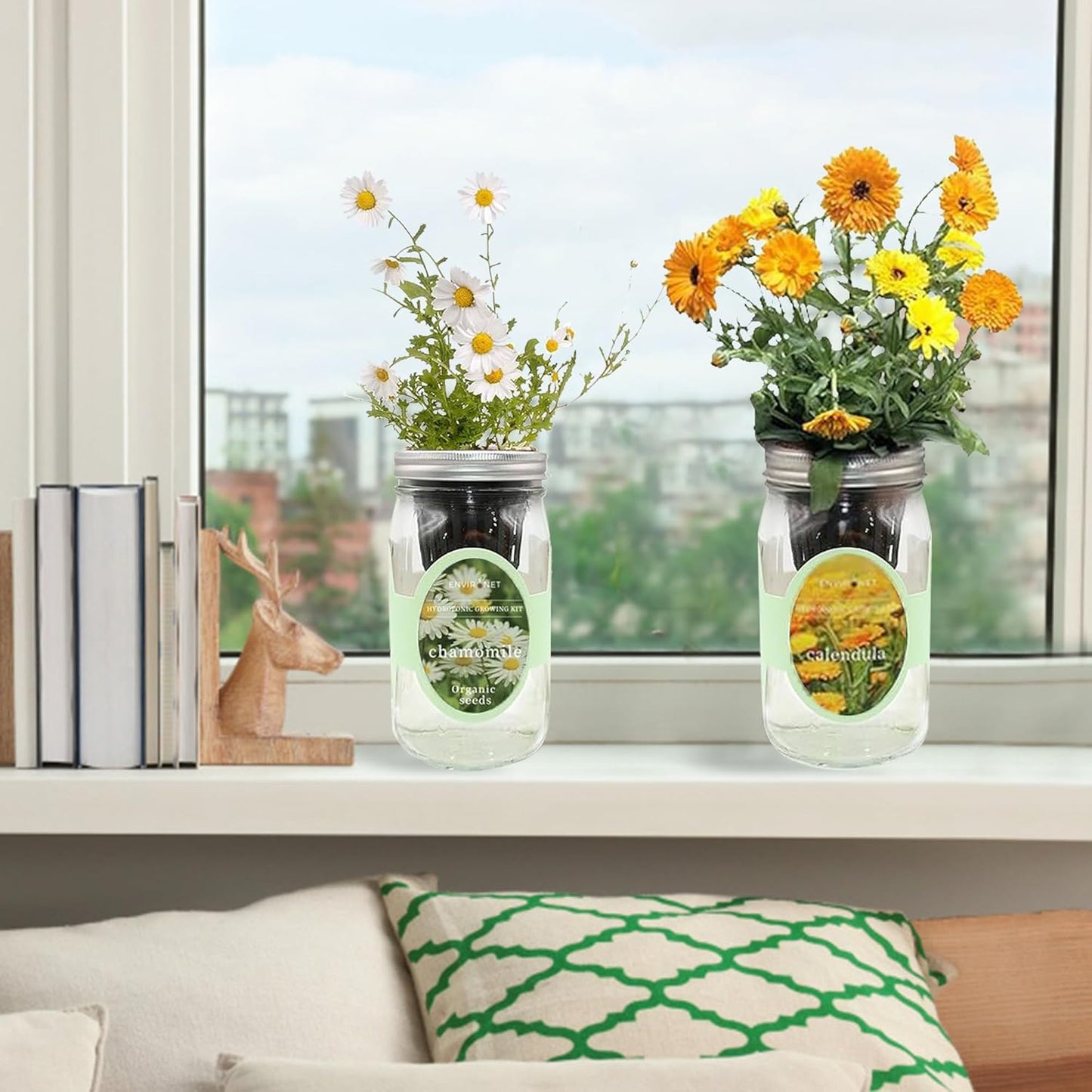 2-Pack Hydroponic Mason Jar Herb Garden Kit, Indoor Herb Garden Self-Watering Starter Kit (Calendula,Chamomile)