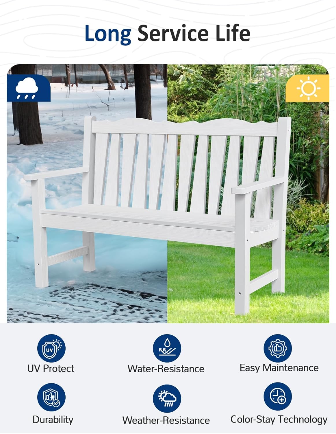 Outdoor Bench Weatherproof, 2-Person Garden Benches for Outdoors, All Weather HIPS Patio Bench Holds up to 800lbs, Never Rot or Fade, Comfort Bench for Porch, Garden, Patio, Backyard and Park, White