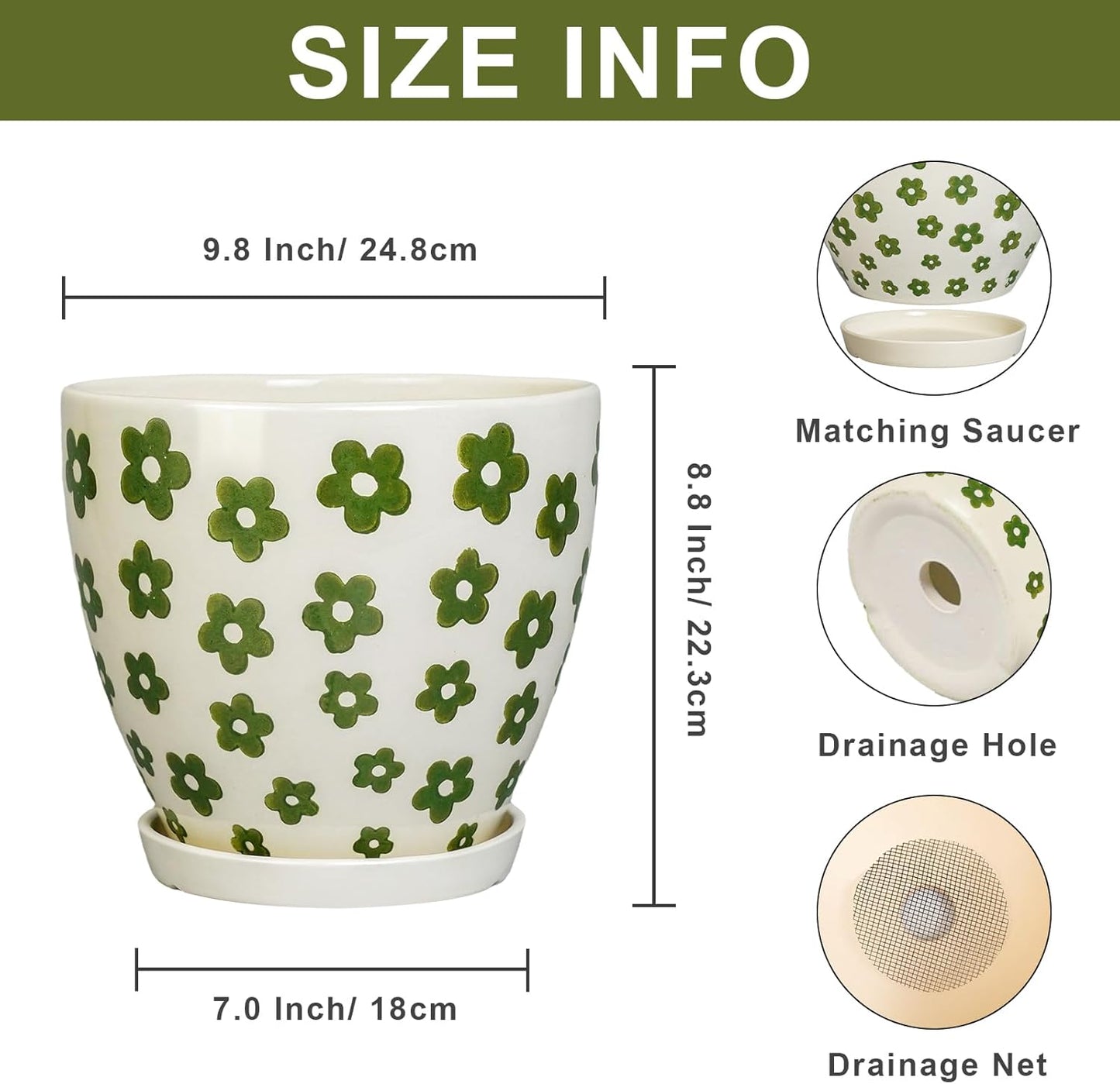 Ceramic Flower Pot - 10 Inch Plant Pot Indoor with Drainage Hole and Saucer, Boho Round Ceramic Planter for Indoor Outdoor Plants, Plant Lover Gifts, Home Garden House Decor, White