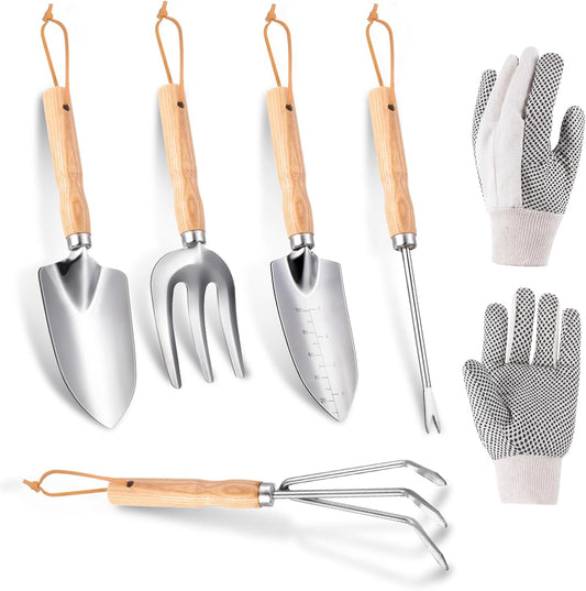 Garden Tools 5-Pieces, Heavy Duty Gardening Hand Tools with Wooden Handle, Canvas Gloves, Stainless Steel Material, Rust-Proof Garden Tool Set, Ideal Gardening Gifts for Women