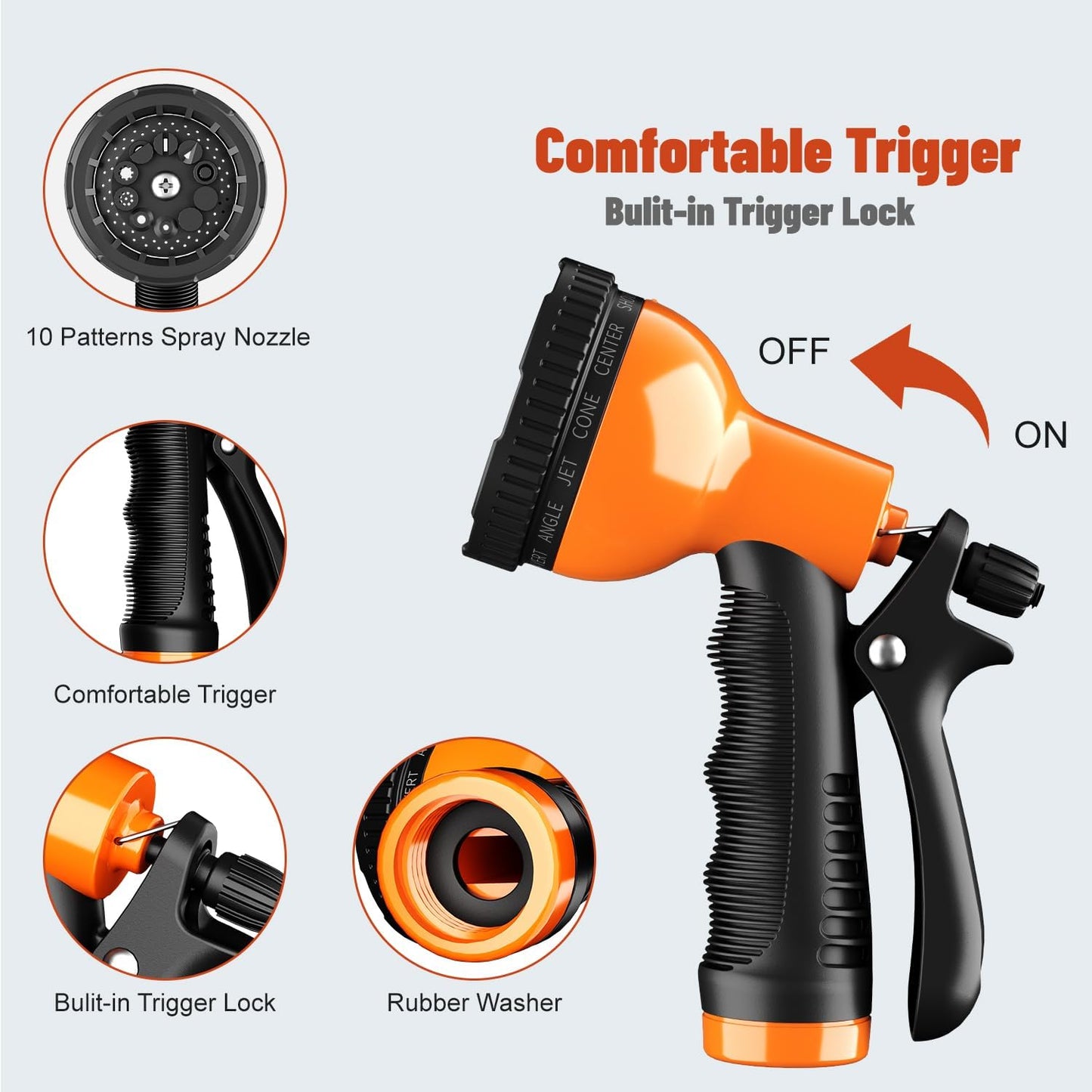 Garden Hose Nozzle Sprayer 10 Watering Patterns Spray Nozzles Heavy Duty Hose Head Lightweight Hose Attachment Orange
