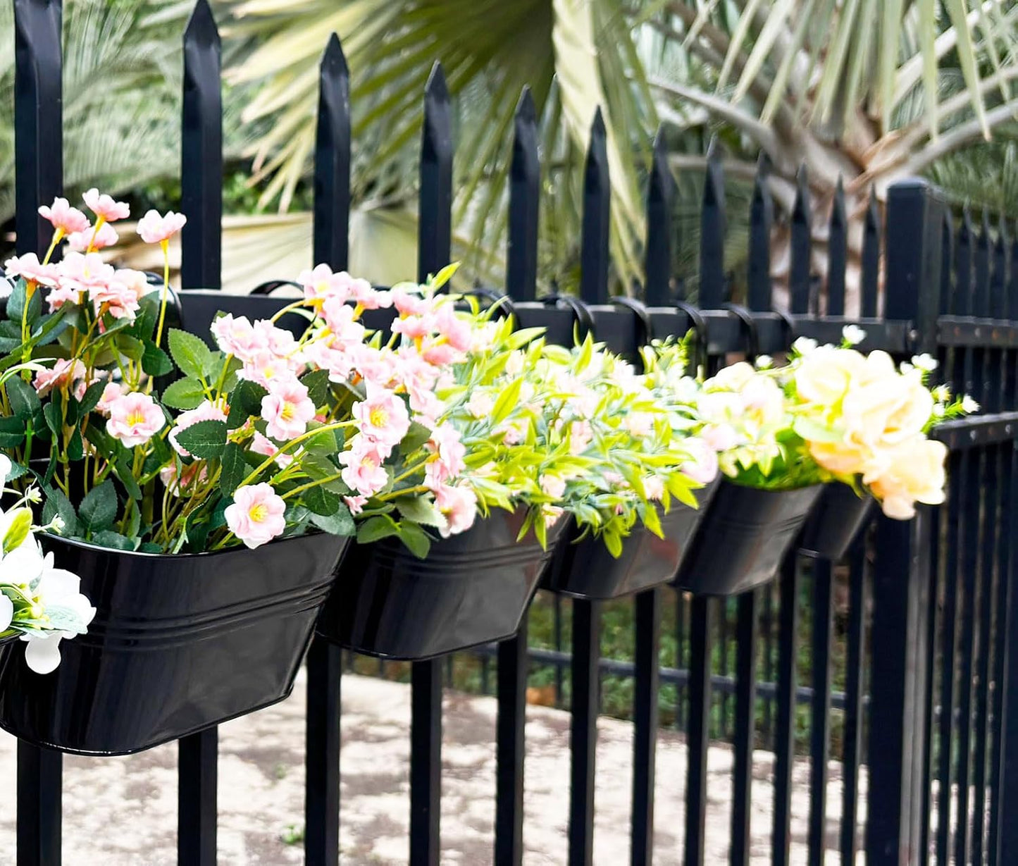 4 Pack Metal Hanging Planter for Outdoor Plants, 10 Inch Black Fence Planters Railing Pots for Garden Patio Balcony Decor, Flower Bucket with Detachable Hooks (Black, 4Pcs)