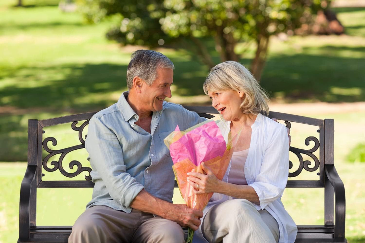 MFSTUDIO 50 Inches Outdoor Garden Bench, Cast Iron Metal Frame Patio Park Bench with Floral Pattern Backrest, Arch Legs for Porch, Lawn, Yard-Bronze