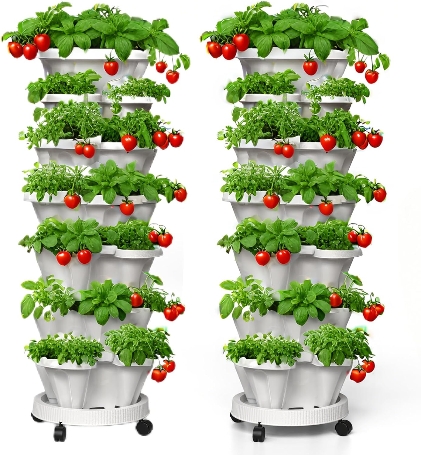 7 Tiered Strawberry Planters 2 Pack, Vertical Stackable Planter, Herb Stacking Tower Garden, Flower and Vegetable Planters with Support Pole Indoor and Outdoor with Removable Wheels - White
