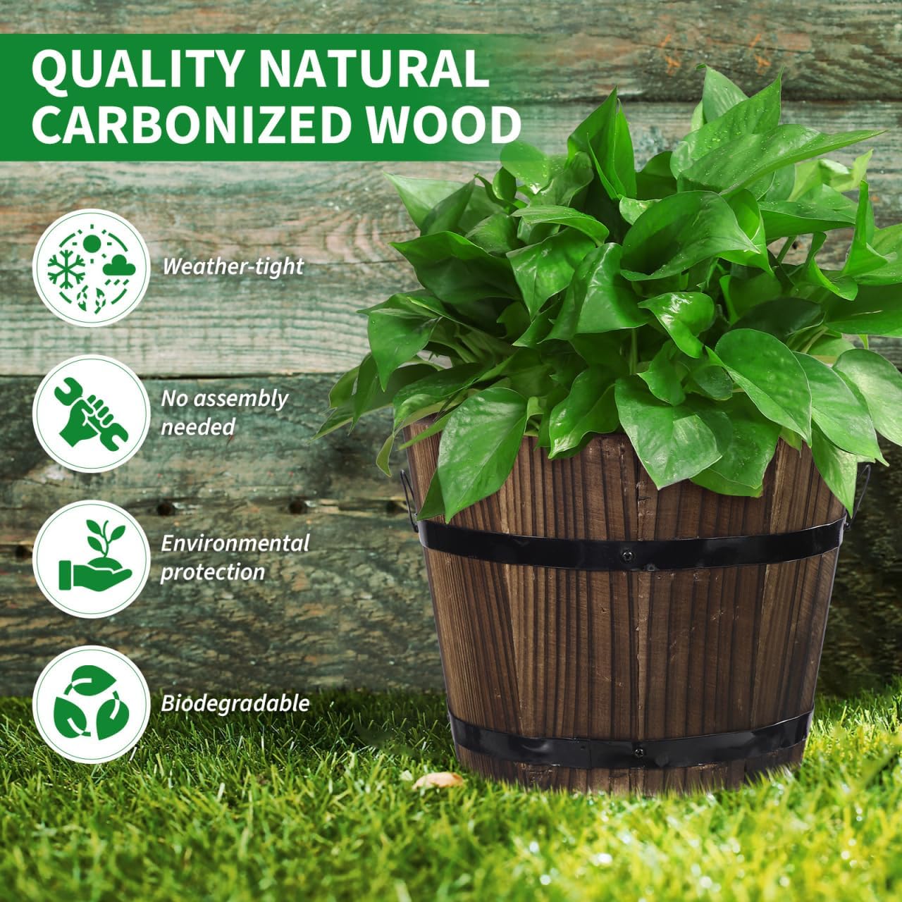 Wooden Whiskey Barrel Planter Garden Flower Pot Decor Wood Planter Plant Container Box 15x12x13cm