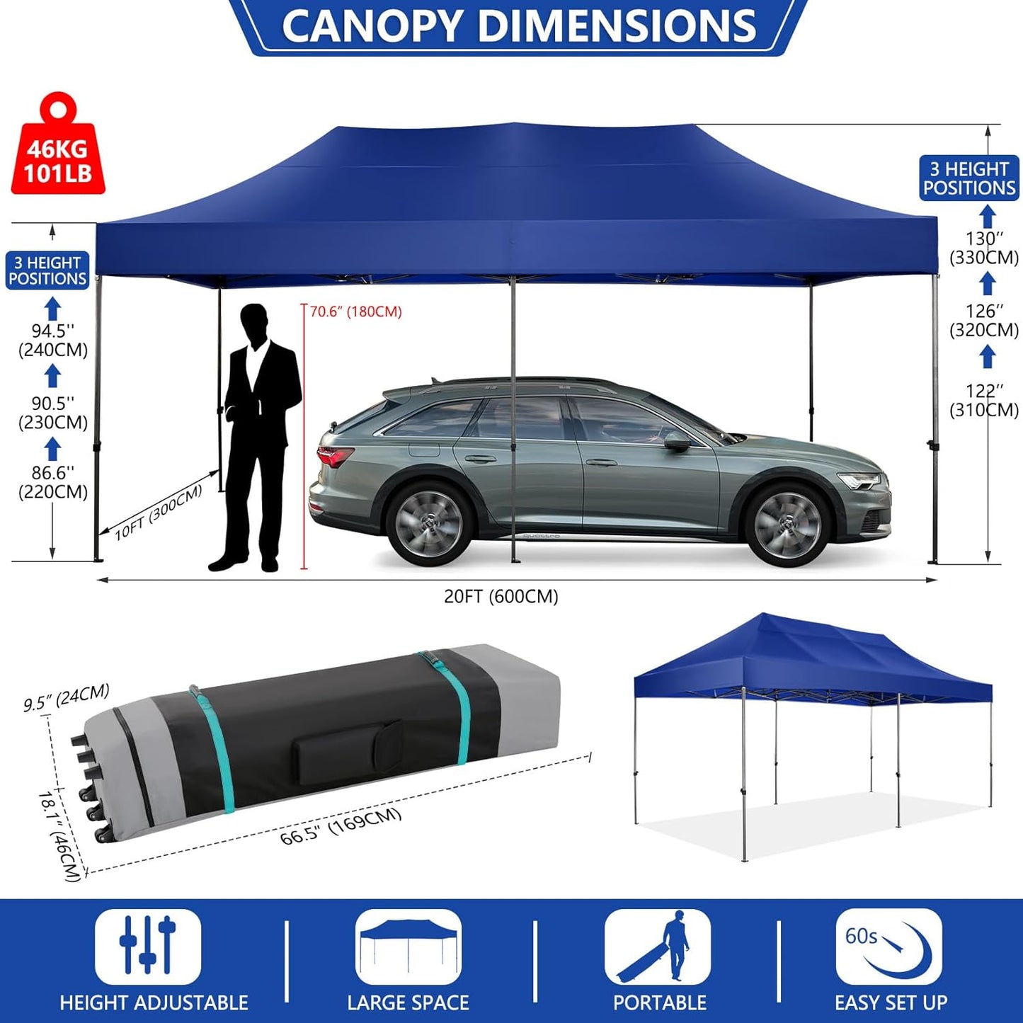 COBIZI 10x20 Pop up Canopy Heavy Duty Without Sidewalls, Easy Set-up Commercial Outdoor Party, 100% Waterproof Wedding Canopy Gazebo, 3 Height Adjustable with Wheeled Bag, Dark Blue
