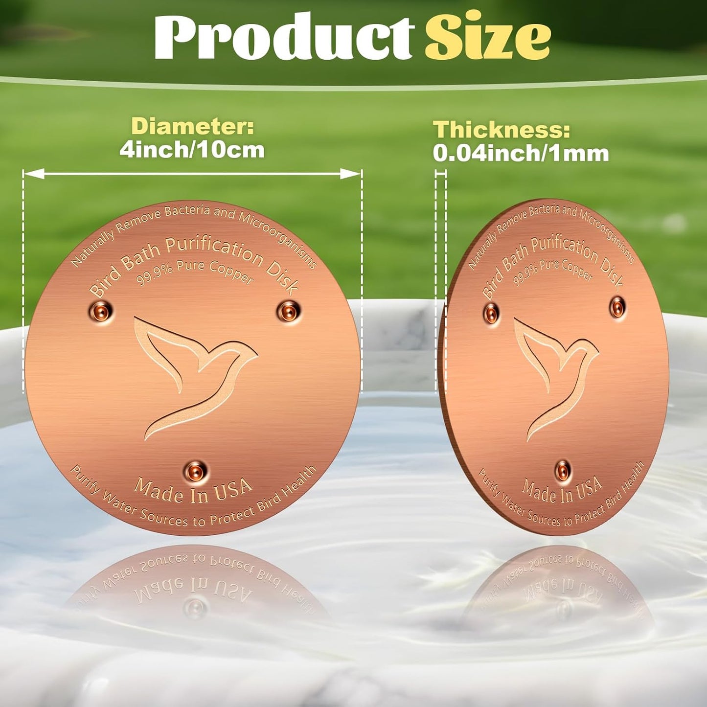 3PCS Bird Bath Copper Disk,1mm Thick Reinforced 99.99% Pure Copper Disc with Triple-Point Support,Bird Bath Accessories for Outside Birdbaths Bowls Physical Safe Water Cleaner for All-Season Use