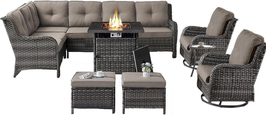 Outdoor Sectional Furniture Sofa Set with Propane Fire Pit Table, Wicker Patio Conversation Set with 2 Swivel Rocker Glider Chairs Grey Cushion Perfect for Backyard Casual Gathering
