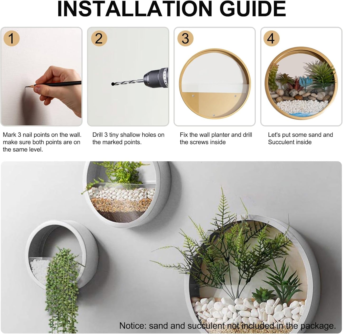 3 Pack Set Wall Planters,Modern Round Glass Wall Planter Succulent Planter Circle Iron Hanging Planter Vase for Herb,Small Cactus Perfect for Balcony, Room and Patio Decor (White)