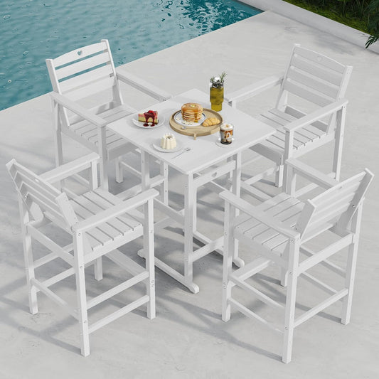 5-Piece Bar Height Patio Table and Chairs Set, HDPE Wood Grain Outdoor Bar Table and Chairs with Heart Cutout Design, Weather-Resistant Bar Height Furniture for Deck, Porch, Pool (White)