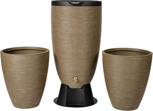 Newport 50‑Gallon Flat‑Back Rain Barrel with Stand & Planter Bundle – Sandstone | Removable Lid, UV-Stabilized Outdoor Water Storage