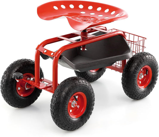 S AFSTAR Rolling Garden Cart, Wagon Scooter with 360° Swivel Seat, Storage Tray, Basket & Rubber Wheels, Heavy-Duty Gardening Tool Cart for Weeding, Patio & Yard (Red)
