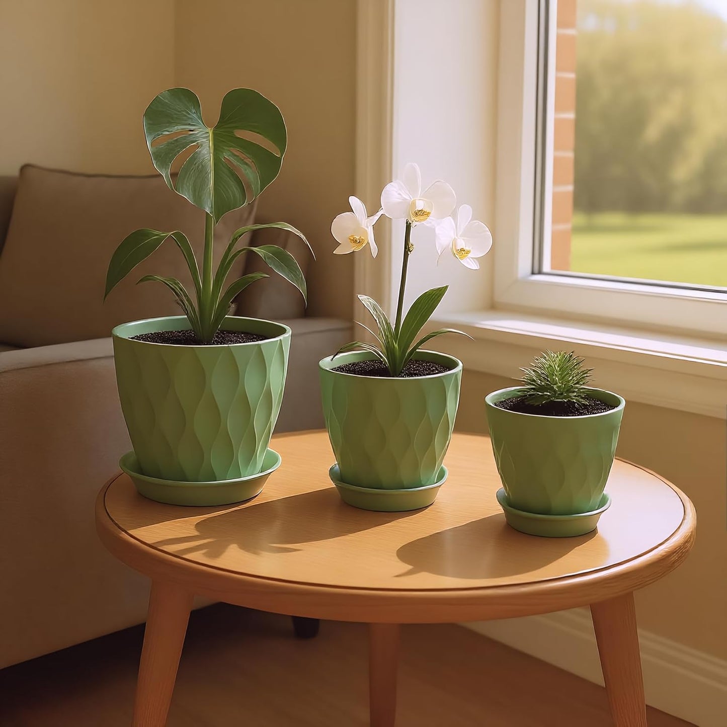 Plastic Flower Pots, 8/7/6/5/4 Inch Plant Pots with Drainage Holes, Plastic Planters for Indoor Outdoor Plants, 5 Pack Nursery Planting Pot for Garden Office Home Decor (Green, 8/7/6/5/4)