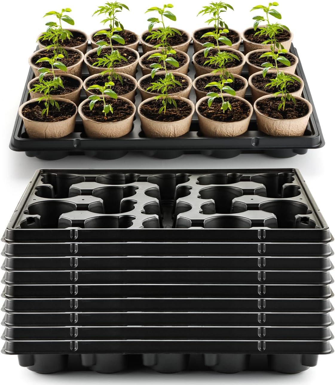 20 Cell Plant Trays for Carrying 3 inch Round Nursery Pots, Sturdy Plastic Trays Suitable for Holding 200 pcs Peat Pots (10 Packs)
