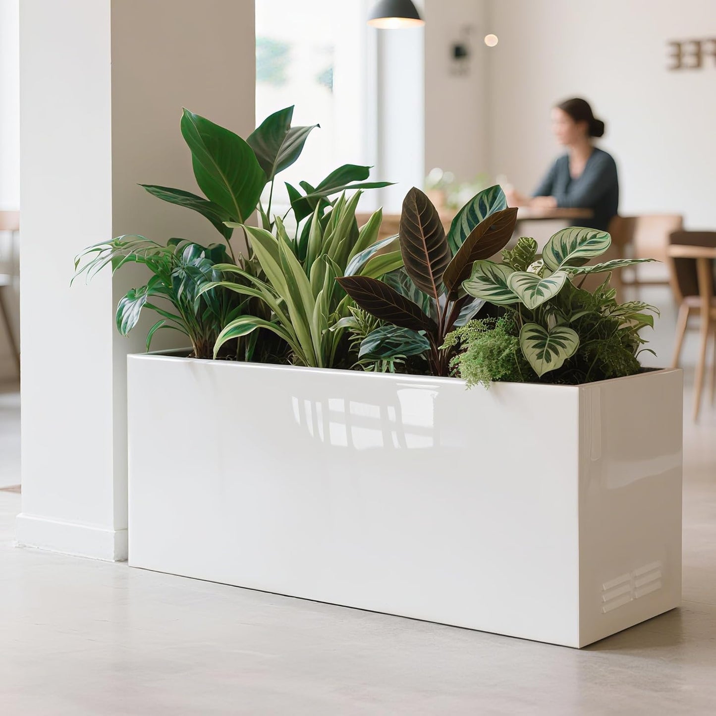 Worth Garden Metal Planter Box - 30" L x 11" W x 13" H Glossy White Heavy Duty Large Rectangular Steel Modern Plant Pot, Indoor Outdoor - Insert Plate with Drain Holes, Air Vents, No Assembly Required