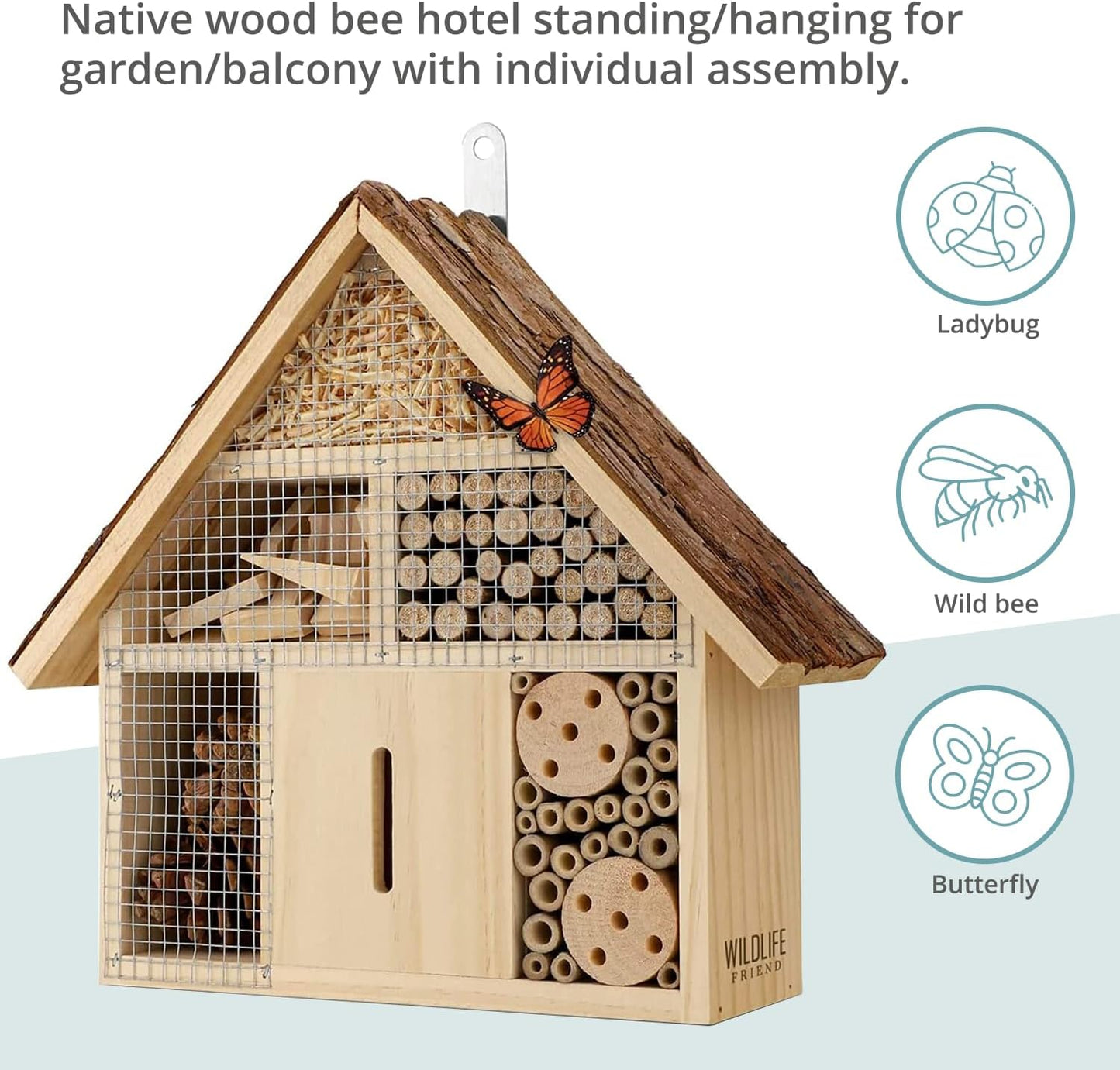Small Insect Hotel with Bark Roof - Untreated Natural Wood Insect House for Bees, Ladybugs, Lacewings & Butterflies - Nesting Aid for Hanging, Bee Hotel