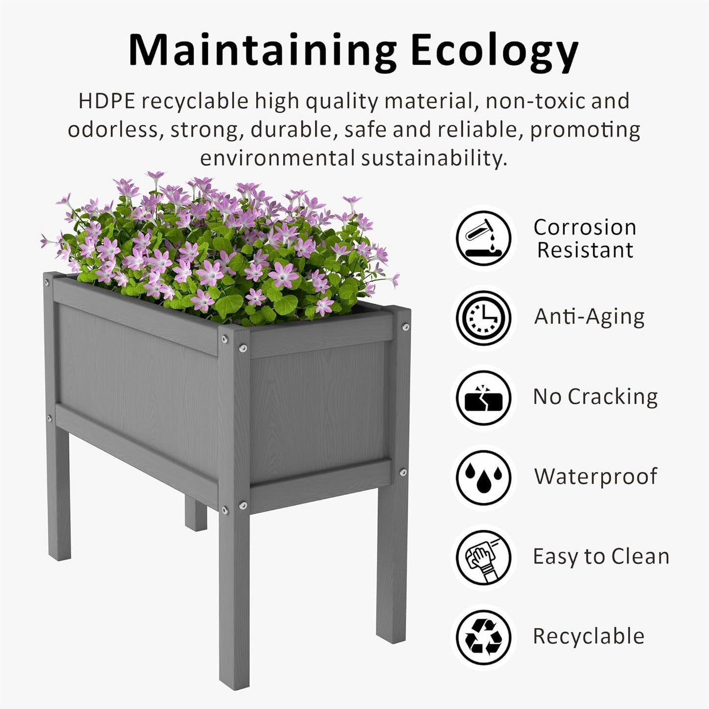 Raised Garden Bed with Drainage Hole Waterproof HDPE Elevated Planter Box with Legs Stable and Durable to Plant Herb Vegetable Flower,Patio,Balcony Outdoors/Indoors Gray