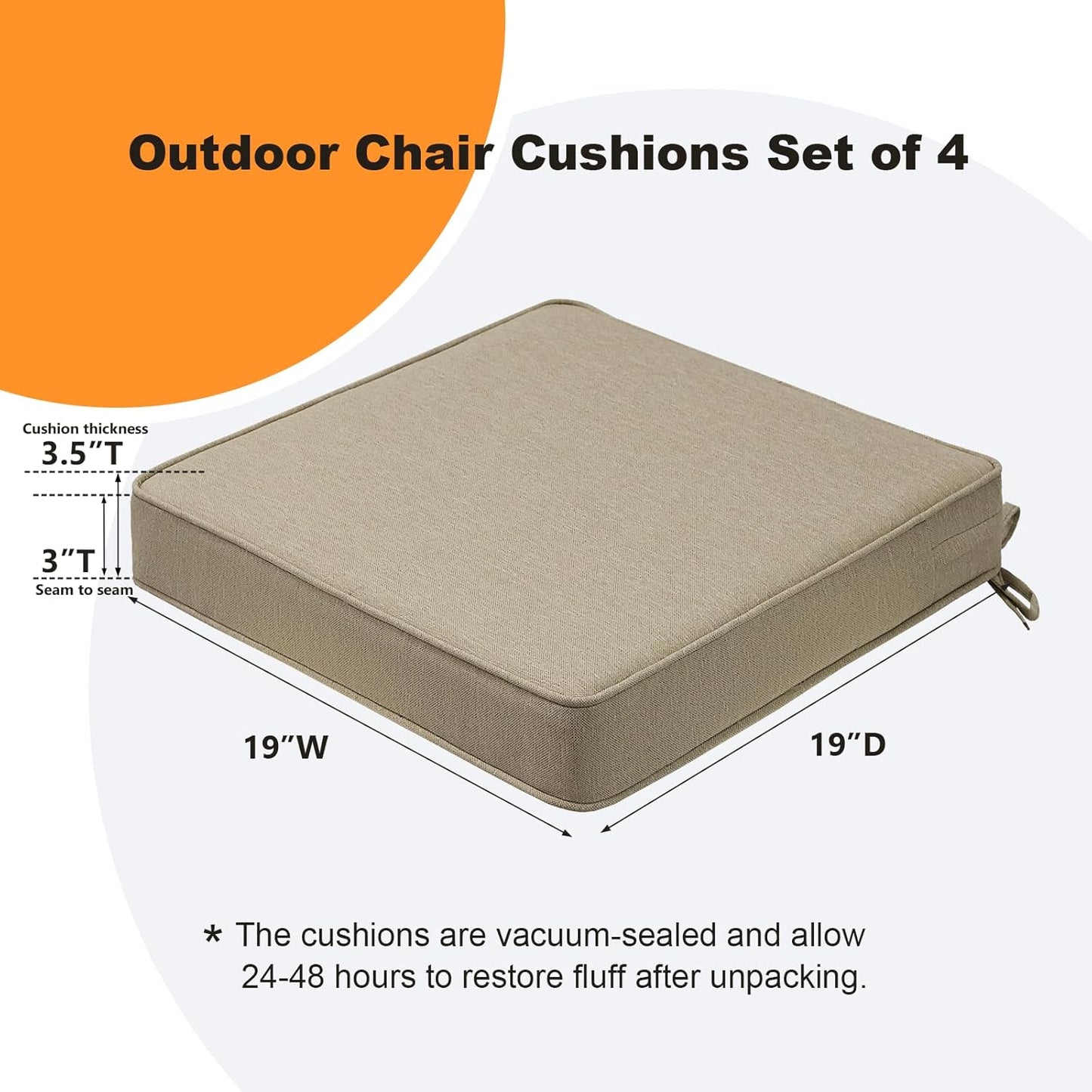Square Corner Seat Cushions, 19" x 19" x 3", Set of 4, Indoor Outdoor Water Repellent Universal Chair Pads with Ties for Patio Furniture, Garden Deck Dining Chairs, Tan