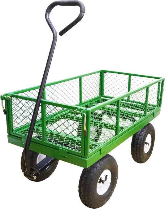 AAIN 600 lbs Metal Garden Cart,Heavy Duty Garden Wagon with Removable Steel Mesh Sides, Utility Yard Cart with 180° Rotating Handle and 10-inch Wheels—Perfect for Gardens, Farms, and Yards, Green