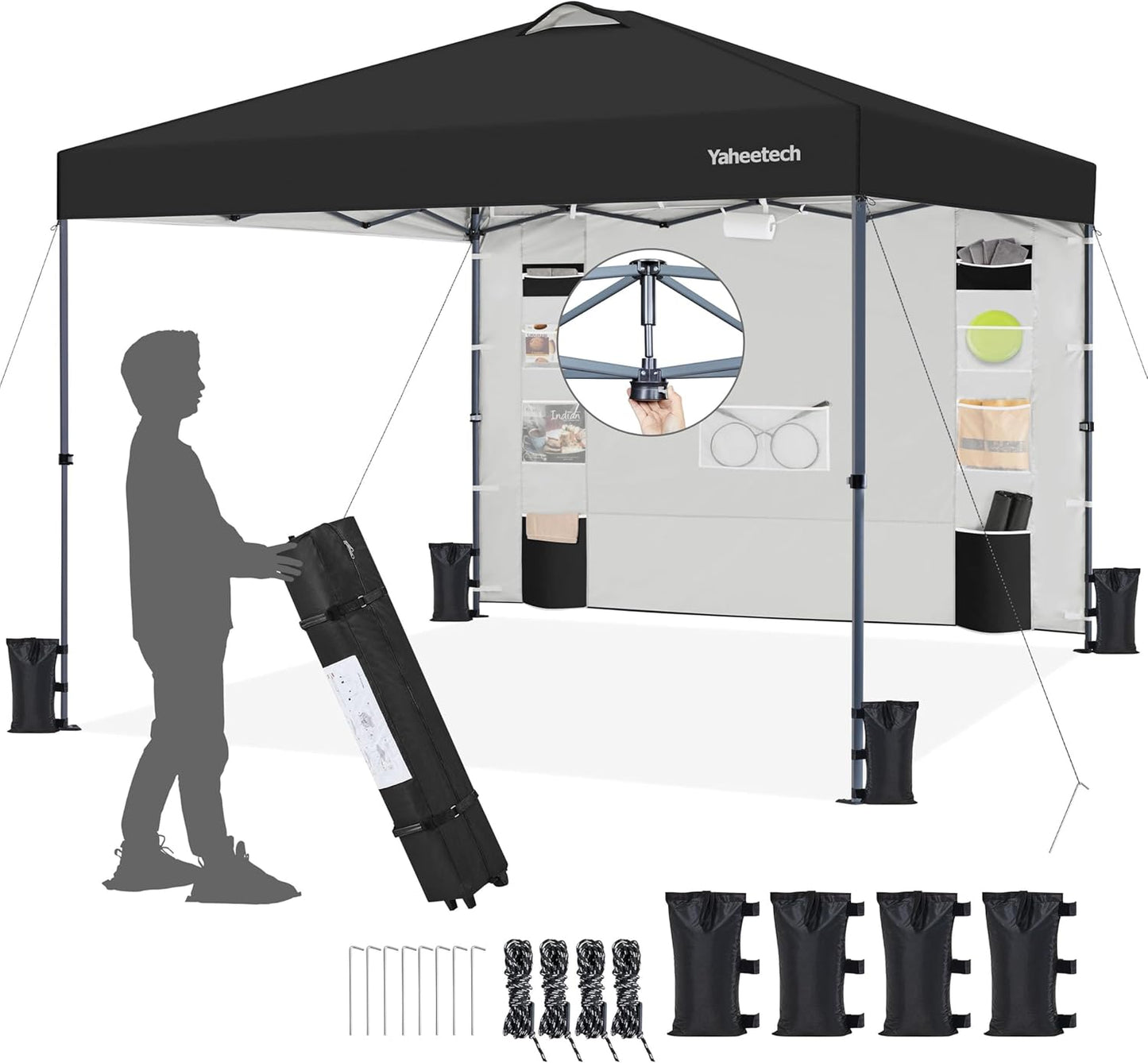 Yaheetech 10x10 Pop-up Canopy Tent w/Removable Pockets Sidewall for Extra Storage, Outdoor Sun Shelter Waterproof & Durable w/Wheeled Bag, Sandbags & Guylines for Beach Camping Party (Black)