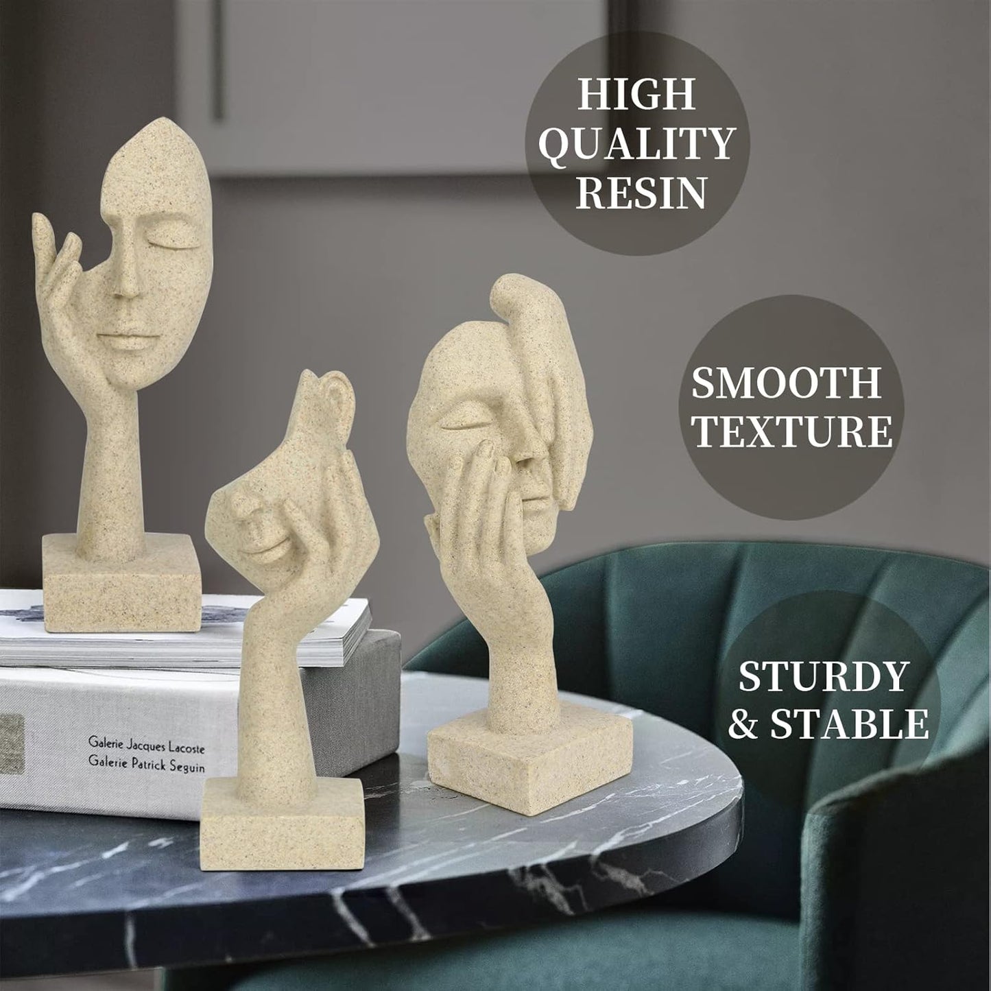 3 Pcs Thinker Statue,Modern Home Resin Sculptures,Collectible Figurines for Home Office Bookshelf Desktop Decor(Sandstone)