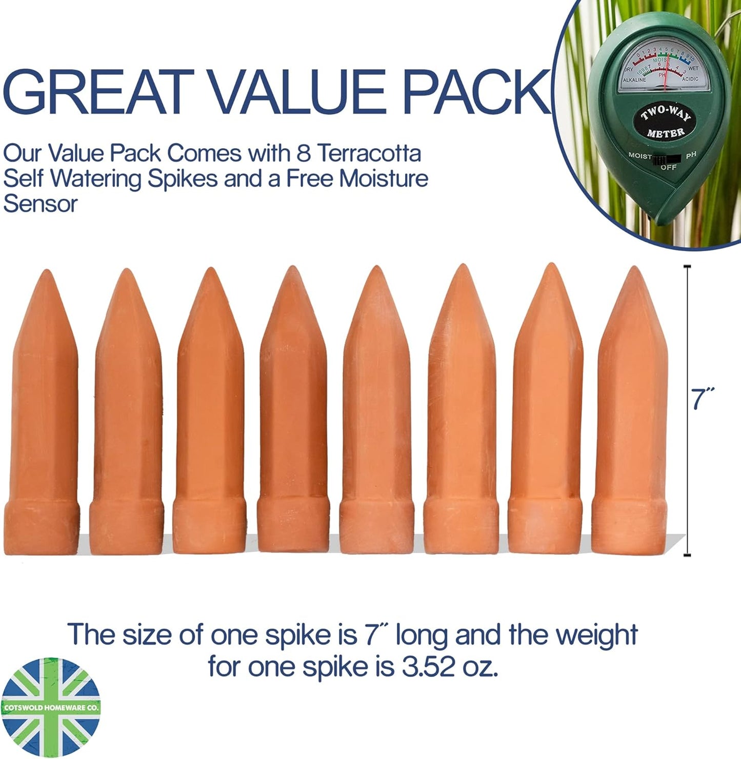 8 Pcs Plant Watering Devices - FREE Moisture + PH Sensor - Plant Waterer Self Watering Terracotta Spikes - Self Watering Planter Insert - Water Your Indoor and Outdoor Plants While On Vacation