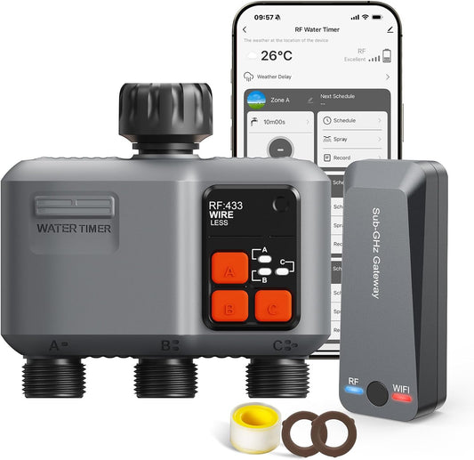 WiFi Sprinkler Timer 3 Zone with 984 Feet RF Gateway, 3 Outlet Smart Water Timer for Garden Hose with Rain Delay/Manual/Automatic,WiFi Water Hose Timers for Garden & Lawns