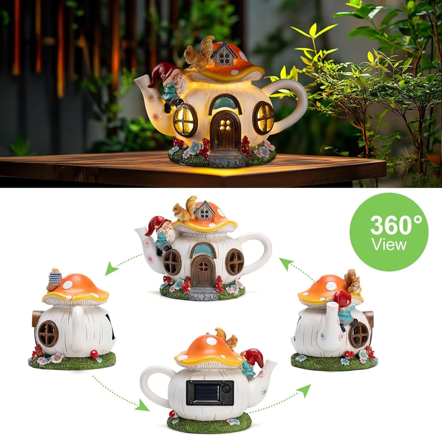 Mushroom Fairy House Garden Decor Solar Light – Outdoor Gnome Statue with Squirrel, Resin Teapot Decorative Figurine for Patio, Lawn, Yard & Balcony, for Women, Mom, and Home