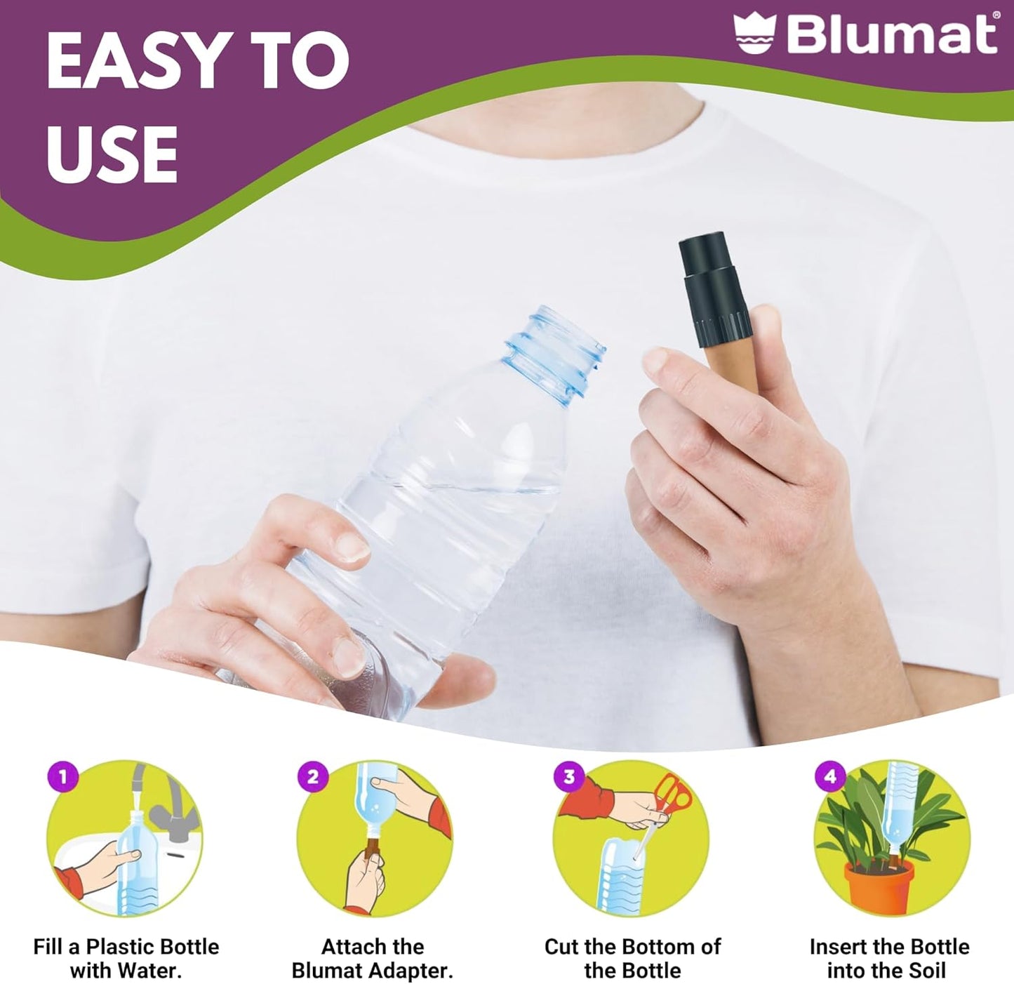 Blumat Plant Watering Device - Easy Self Watering Planter Insert for Indoor Plants - Bottle Adapter - Prevents Overwatering and Underwatering for Healthy Growth - 3 Pack