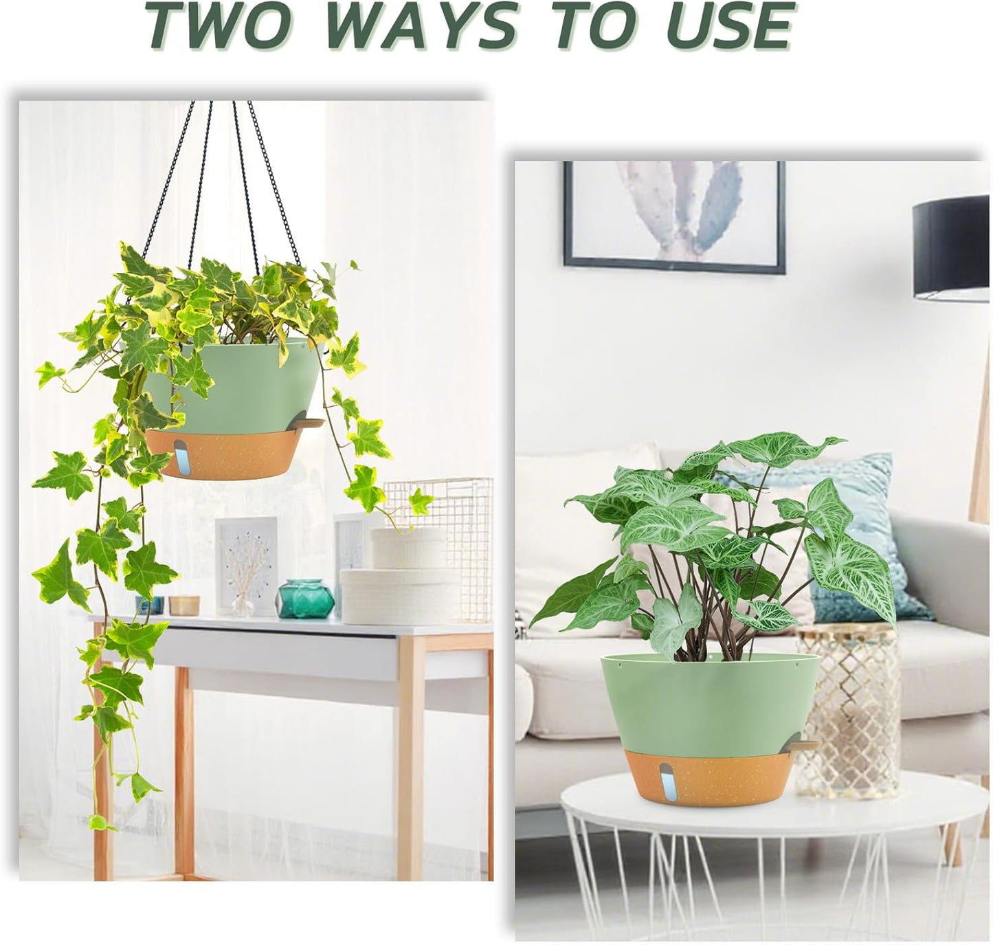 ZMTECH 12 Inch Large Hanging planters for Indoor, 2 Pack Self Watering Plant Pot for Outdoor Garden Porch, Hanging Flower Pot with Visible Water Level & Removable Tray(12Inch, Green)
