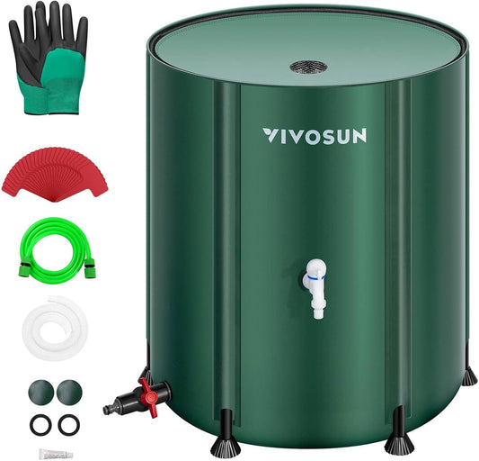 VIVOSUN Collapsible Rain Barrel, 100 Gallon Water Storage Tank with 1000D Oxford Cloth, Portable Rain Collection System Includes Two Spigots and Overflow Kit, Green