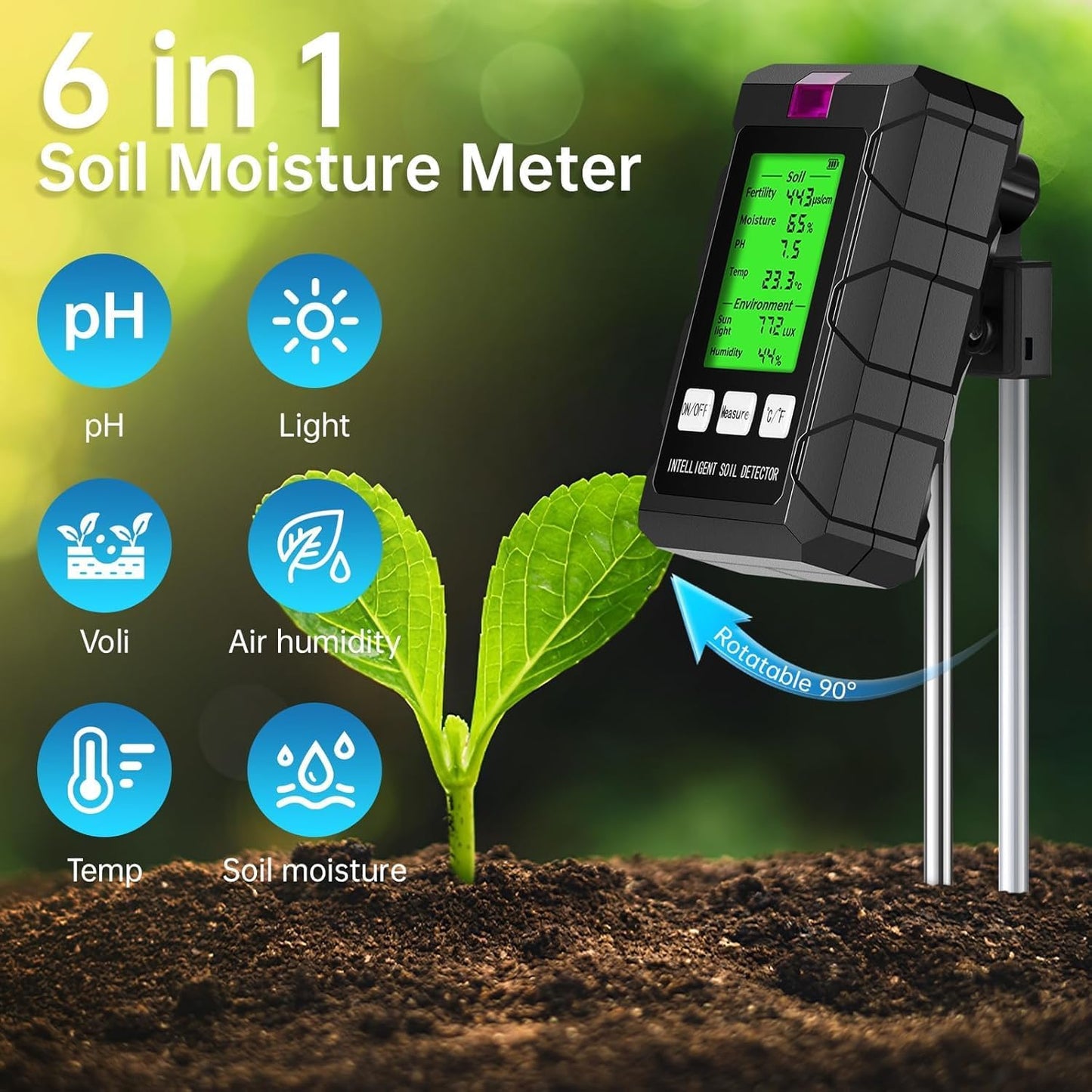 6-in-1 Soil Moisture Meter, pH/Temperature/Soil Moisture/Sunlight/Air Humidity/Soil Fertility Soil Tester for Farming, Gardening, Lawns and Outdoor Plants (2*AAA Battery Needed)