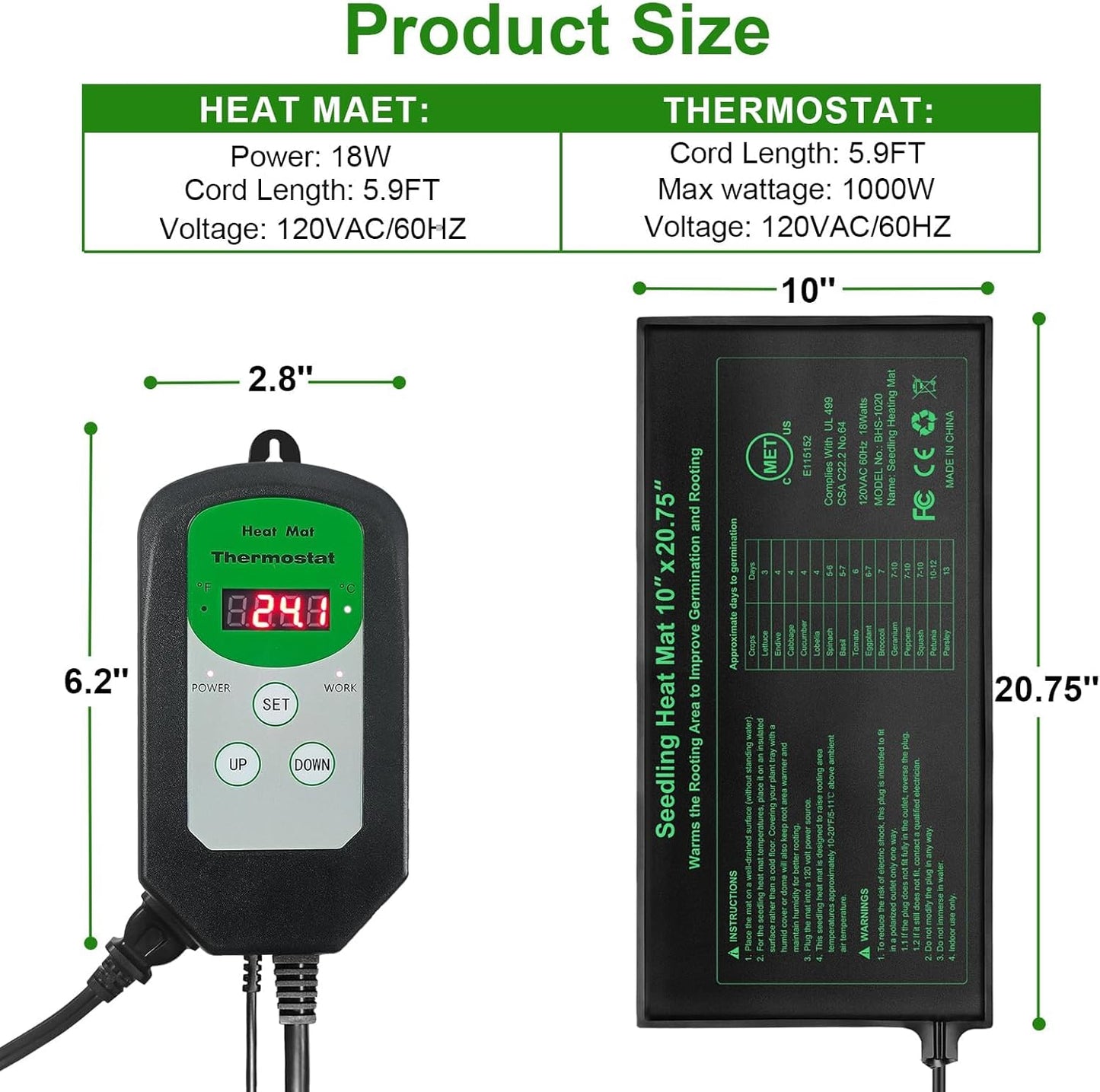 Bestio 10” x 20.75” in Seedling Heating Mat with Digital Thermostat Combo Kit, MET Certified Waterproof and Durable Plantg Heat Mat for Seed Starting,Suitable for Seeding,Indoor Gardening,Greenhouse