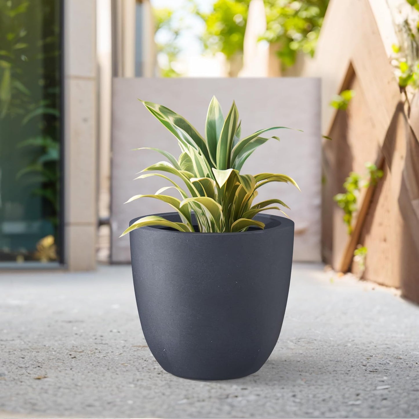 Kante 14 Inch Dia Round Concrete Planter, Indoor Outdoor Large Plant Pot with Drainage Hole and Rubber Plug for Home Patio Garden, Dark Gray
