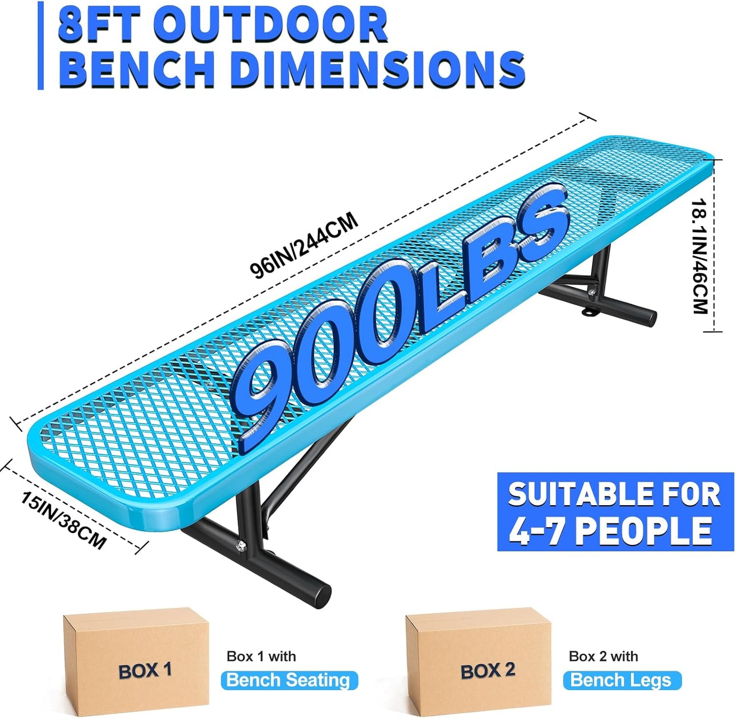 Thermoplastic Coated Iron Park Bench for Outside, Heavy Duty Metal Garden Bench, Expanded Commercial Grade Seating for Shopping Malls, Lawn Yard Porch Entryway (Blue Without Backrest, 96IN)