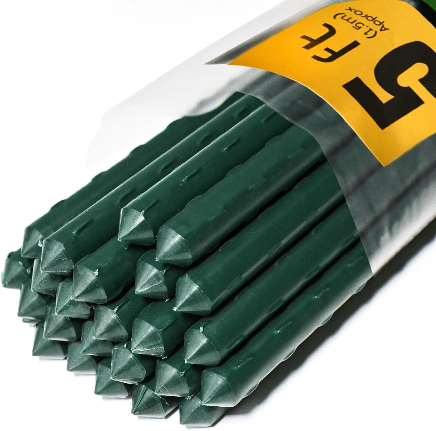 25pcs Steel Plant Stakes 4.8 Feet,Sturdy Plant Sticks, Plastic Coated Metal Garden Stakes Supports Climbing for Tomato, Bean, Flowers, Tree Potted