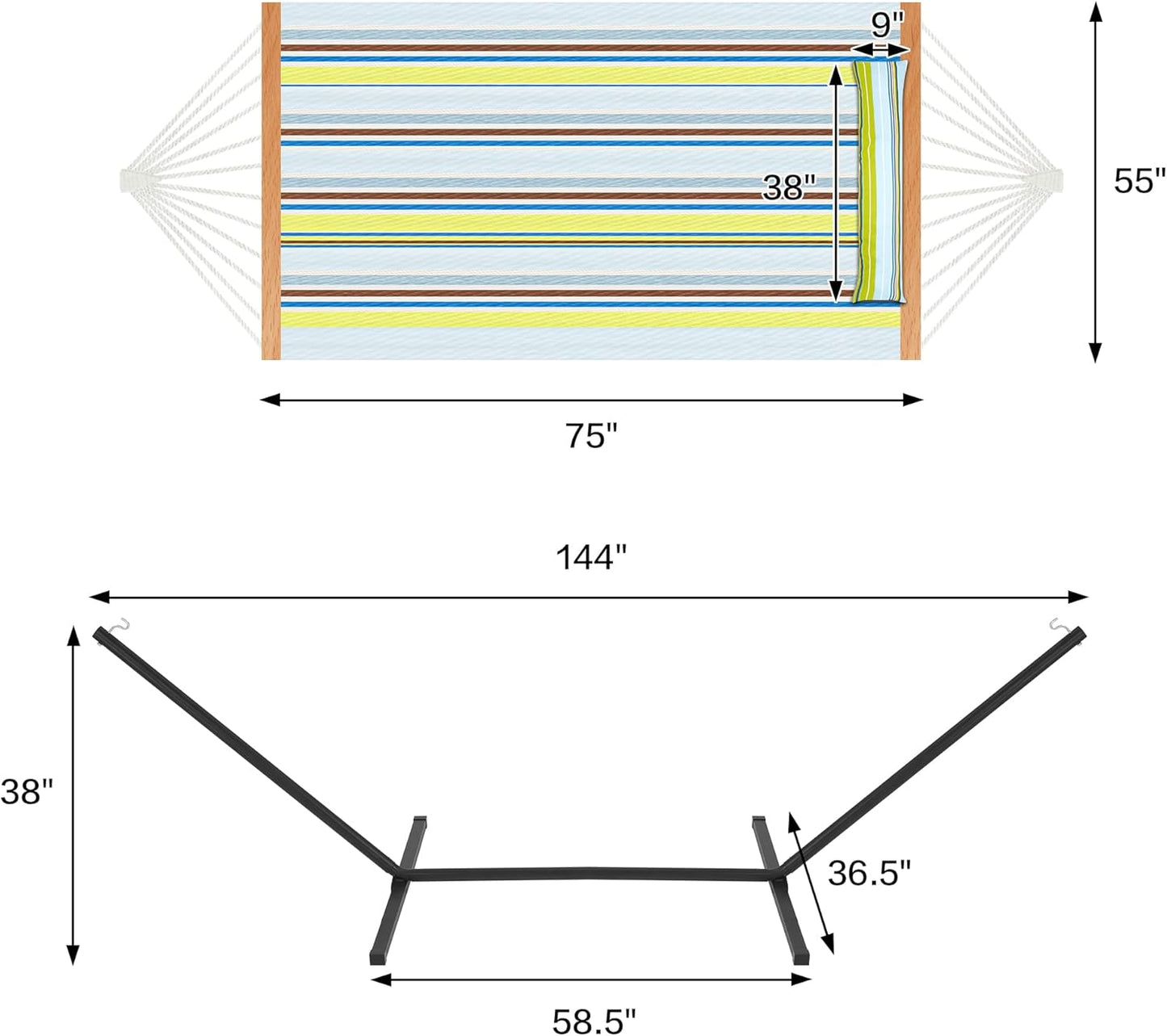 Two Person Hammock with Stand Heavy Duty, Outdoor Patio Hammock with Portable Steel Stand, Large Double Hammocks,480lbs Capacity. (Light Blue Stripes)