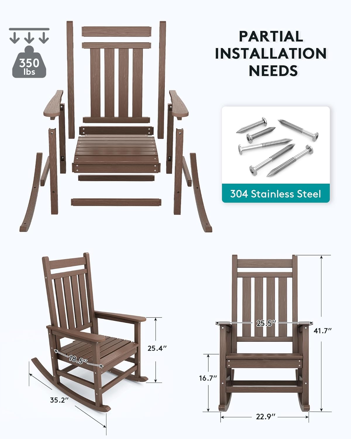 SERWALL HDPE Outdoor Rocking Chair Set of 2, Oversized Rocking Chairs, All Weather Resistant Outdoor Rockers for Lawn, Wooden