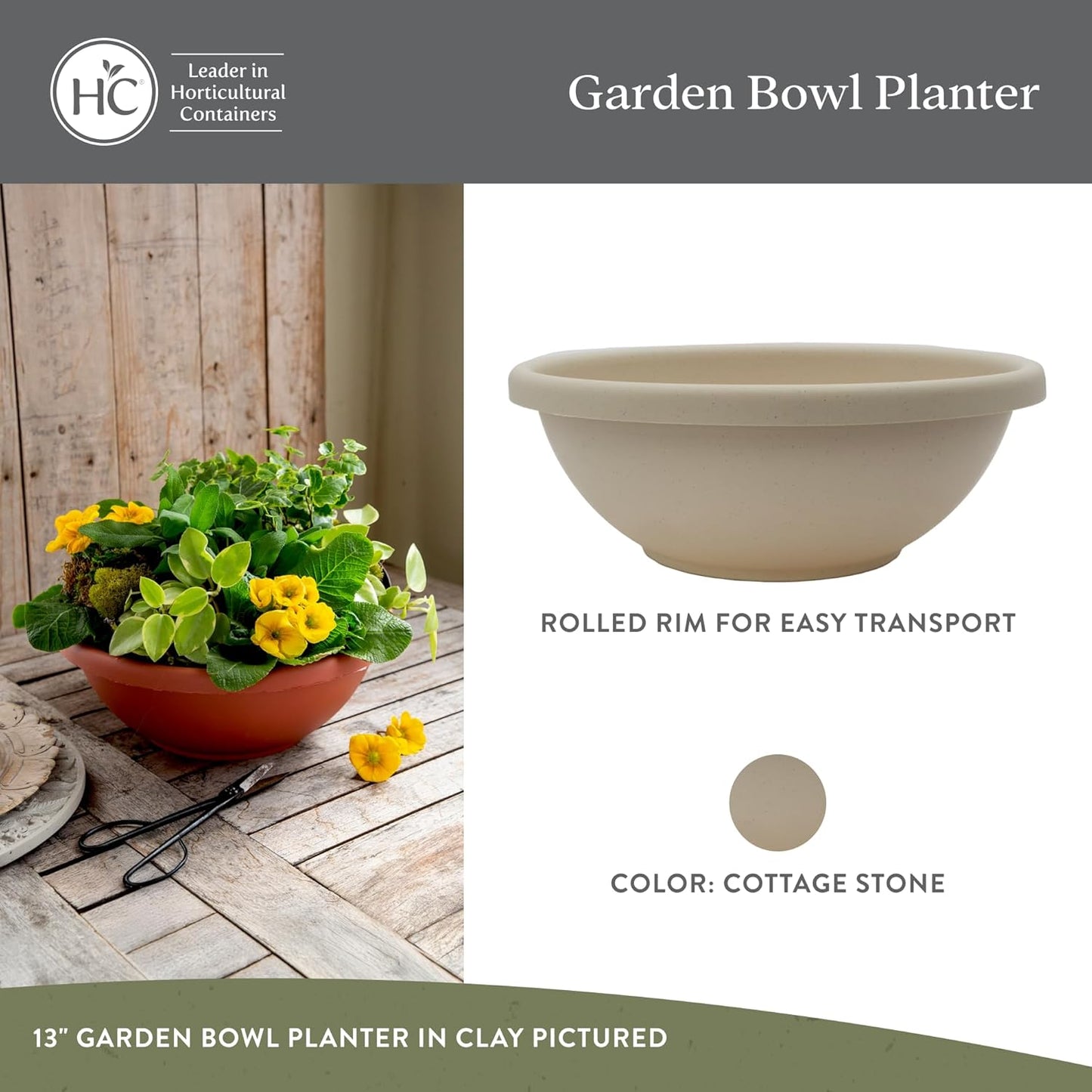 The HC Companies Shallow Planter with Drainage - Contemporary Garden Bowl Planter for Flowers, Herbs & More - Round Succulent Planter Pot for Indoors and Outdoors (24" Cottage Stone, Pack of 2)