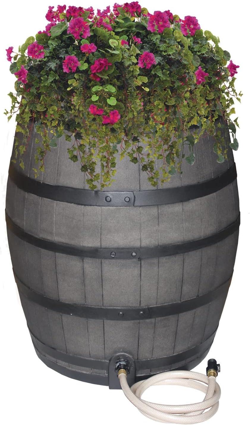 Rescue 50-Gallon Whiskey Rain Barrel with Black Bands – Includes Planter, Rain Water Diverter, Outlet Hose – Flatback Design – Gray