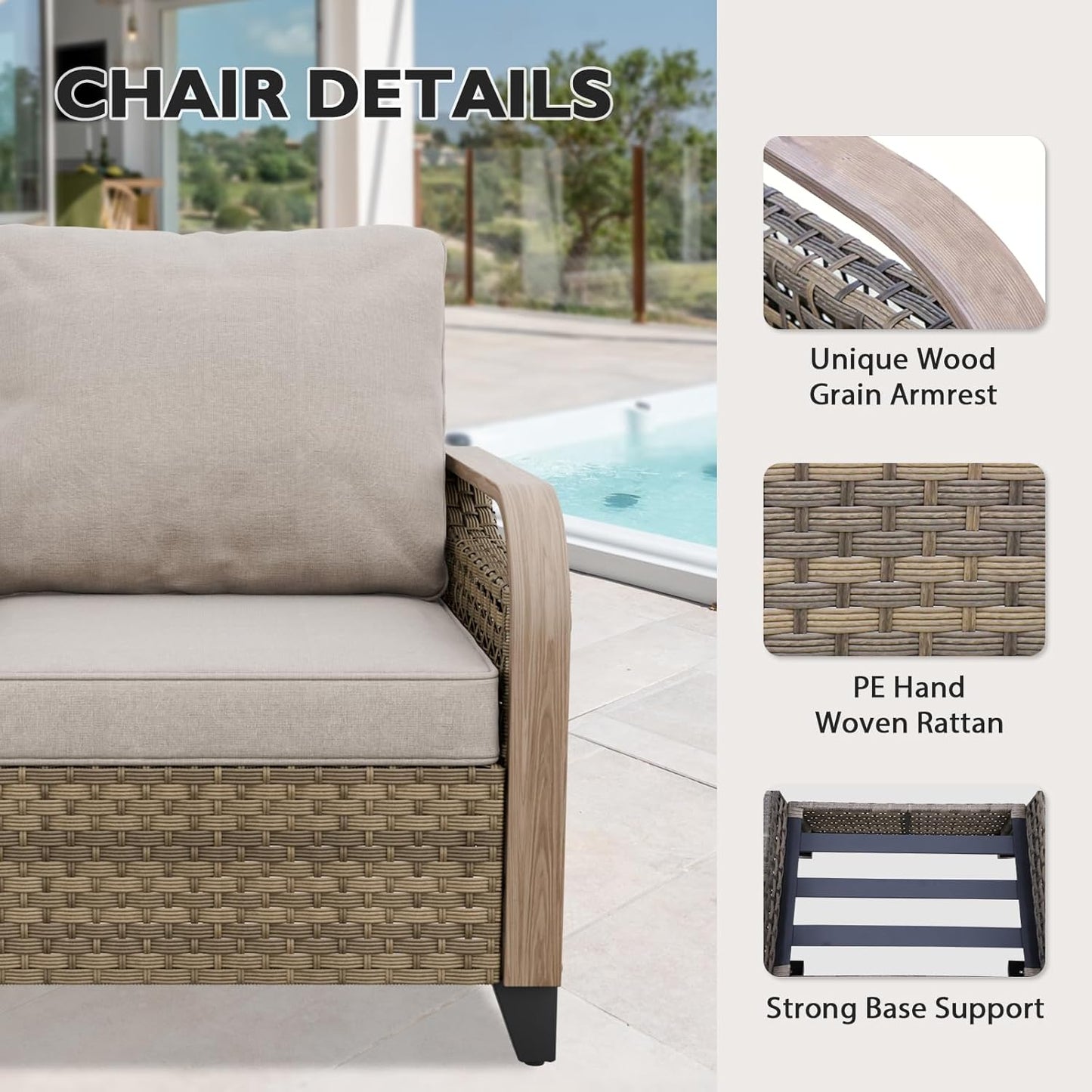 EAGLE PEAK Modern Wicker Outdoor Chair, Patio Chair Curved Armrest, Rattan Patio Furniture for Yard Deck Porch Garden, 1 Chair, Brown/Gray