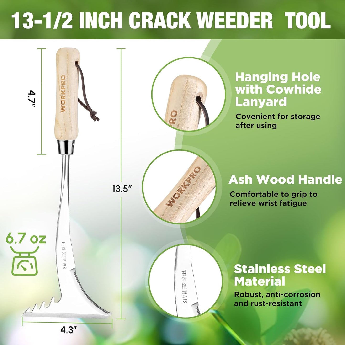 WORKPRO Crack Weeder, 13.5" Stainless Steel Crevice Weeding Tool with Wooden Handle, L-Shaped Side-Walk Weed Puller Spatula, for Garden Lawn Yard Patio Terrace Paving Garden Tool