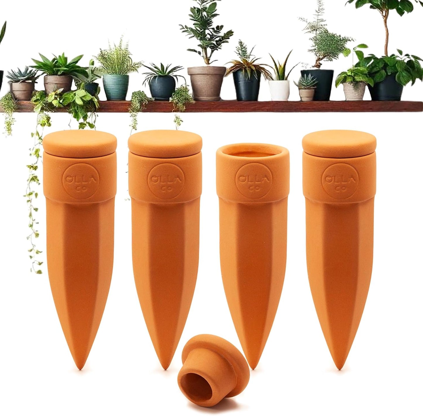 Plant Watering Spikes with Lids - Ideal for 4”-6” Pots - Vacation Friendly - Terracotta - Small - Set of 4