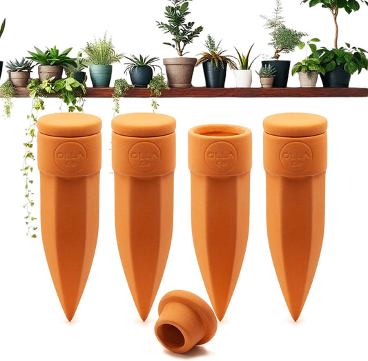 Plant Watering Spikes with Lids - Ideal for 4”-6” Pots - Vacation Friendly - Terracotta - Small - Set of 4
